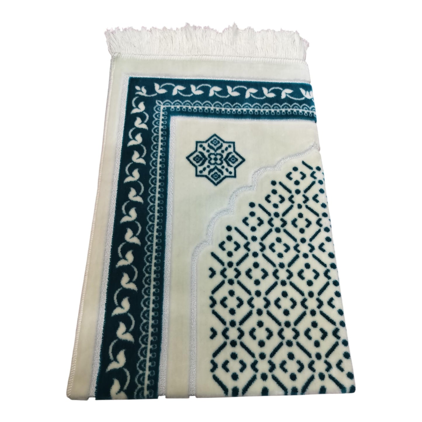 Islamic Prayer Rug with Geometric Arch Design, Traditional Turkish Prayer Mat, Polyester Blend, 27.6 x 43.3 Inches, Low Pile with Fringed Edges, Machine Washable (Turquoise Blue)