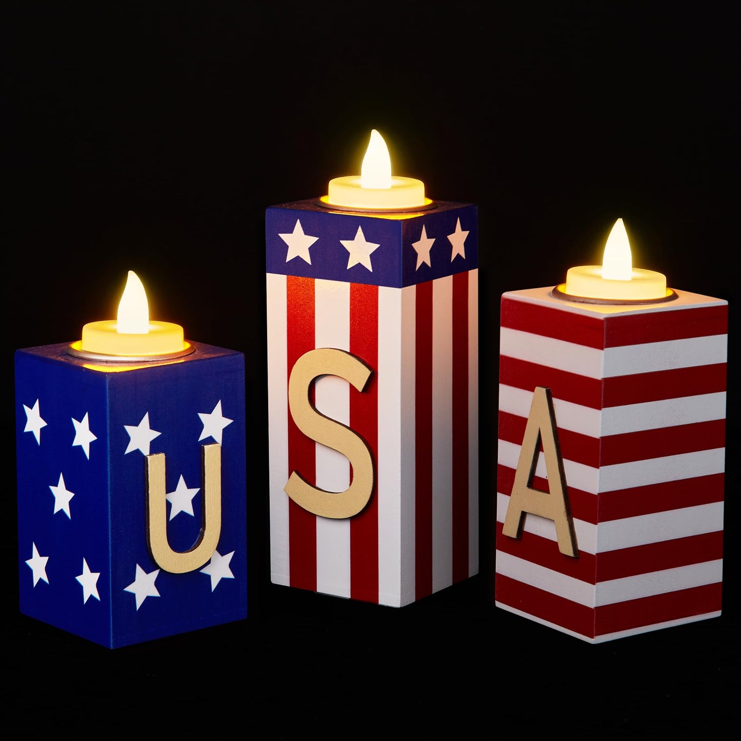 BlcTec 4th of July Decorations, 3 PCS Patriotic Wood Candle Holders with Tea Lights, Rustic Farmhouse Centerpieces for Home, Tiered Tray, Tabletop, Mantel, Office, Porch, Memorial Day, July 4th Décor