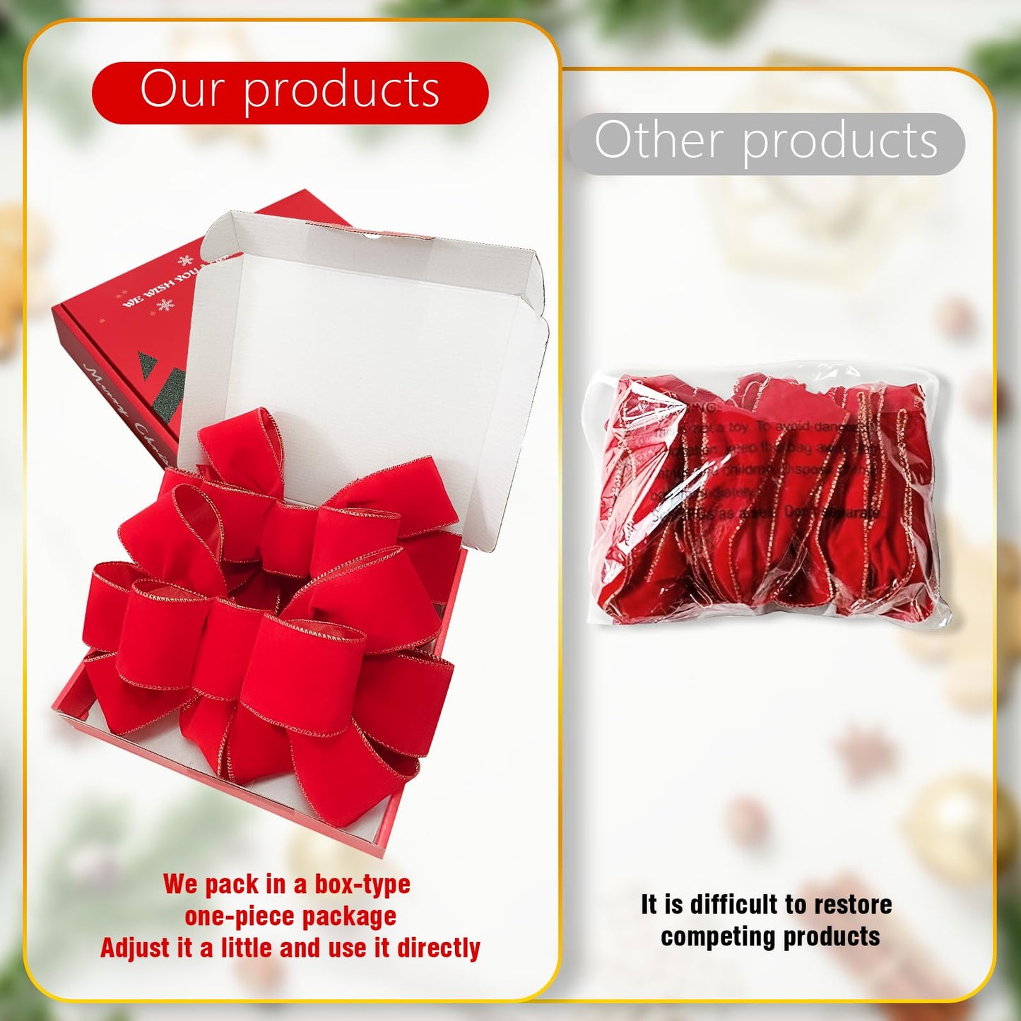 2pcs 16-Inch Velvet Red Bows for Christmas Tree, Handmade Christmas Bow Tree Topper-Gold Wire-Fluffy Sturdy Shape-Retaining, Gift Boxed & Ready-to-Use for Wreath Floral Fireplace Outdoor Car Garden
