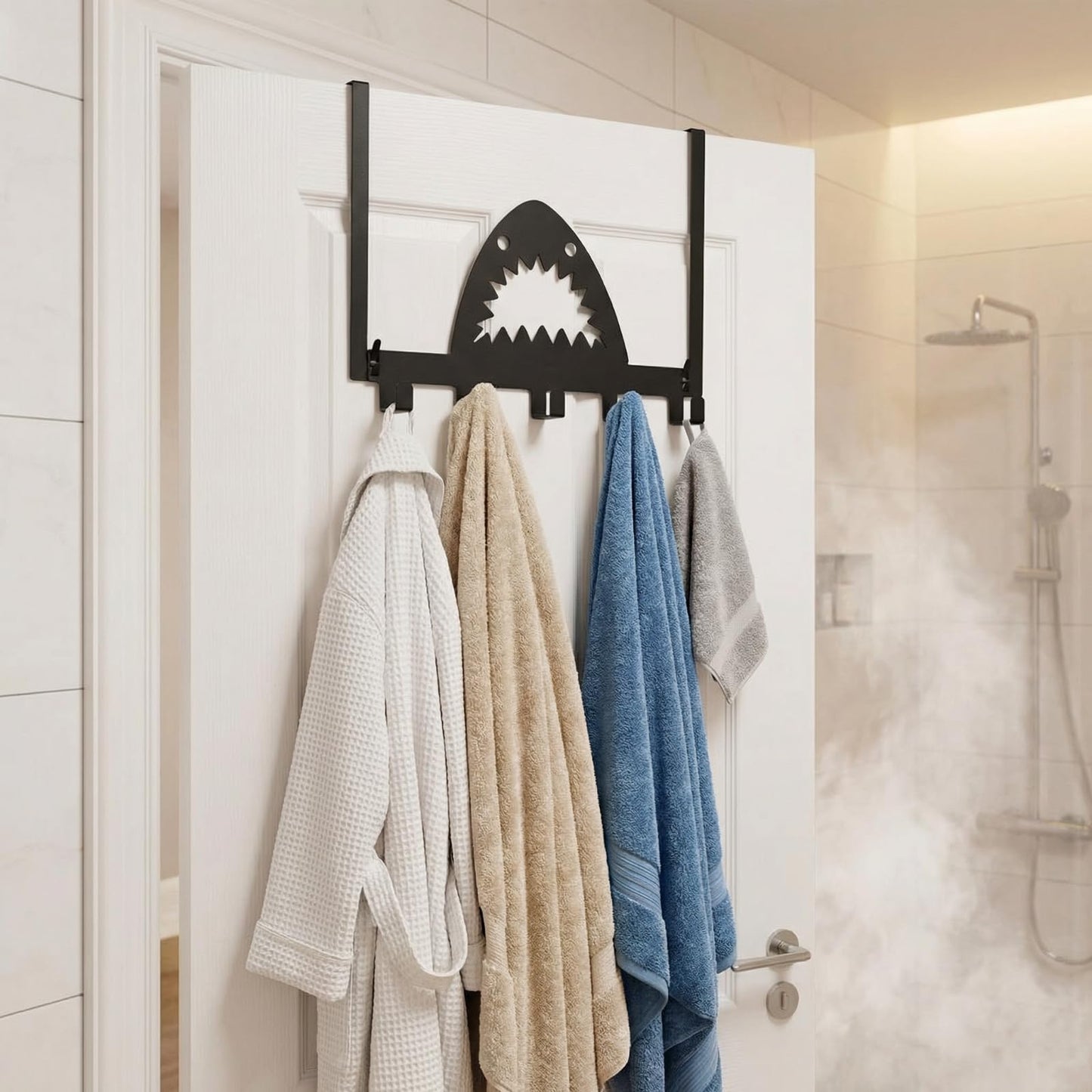 Reallnaive Shark Over The Door Hooks Bathroom Decoration Hanger Wall Mount Art Funny Rack Holder for Towel, Hat, Coat, Cloth, Keychain, Bag, Christmas Gift