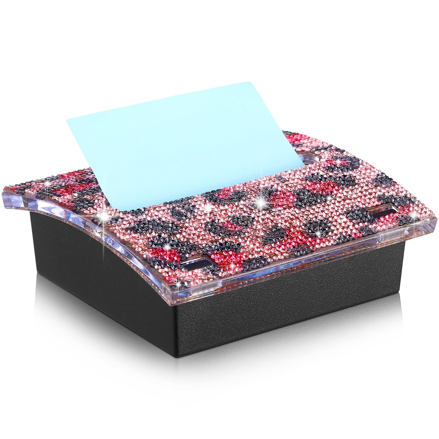 Barydat Rhinestone Self Stick Note Dispenser 4 x 4 Inches Pop up Note Pad Holders with Leopard Print Top Sticky Memo Holder for Office Home Classroom Desk Supplies