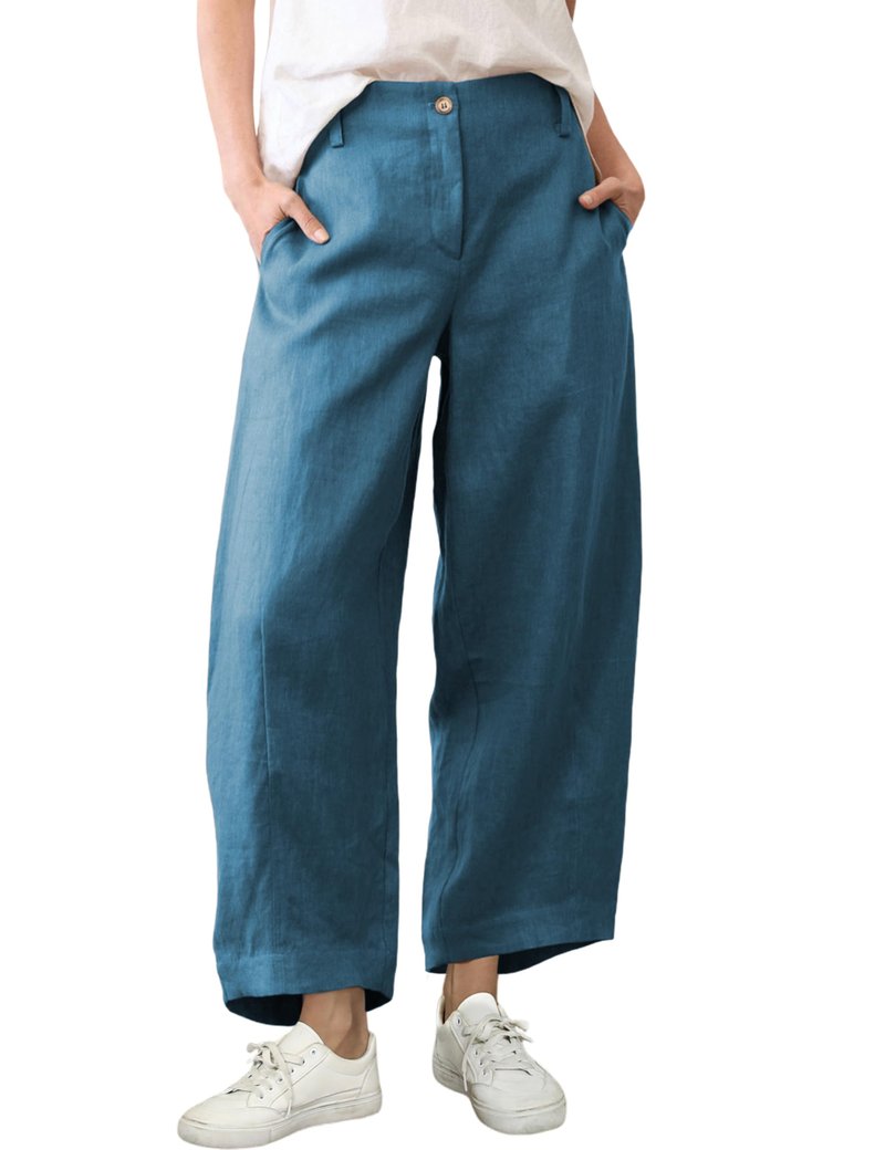 Tanming Womens Linen Pants Casual Capri Baggy Wide Leg Trousers Palazzo Pants Beach Vacation Outfits (Blue-S)