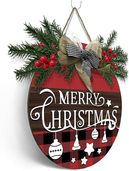 Merry Christmas Door Sign Xmas Buffalo Plaid Hanging Signs With Bow And Wreath Christmas Stars Wooden Sign for Front Door for Holiday Rustic Farmhouse Outdoor Wall Window Decor 12 Inch