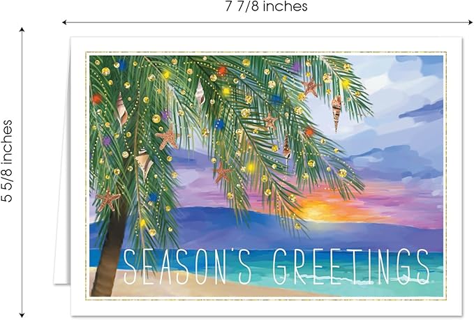 Canopy Street Masterpiece Tropical Sunset Cards / 16 Coastal Holiday Card Set With White Envelopes / 5 5/8" x 7 7/8" Warm Weather Palm Tree Vacation Greeting Cards With Meaningful Inside Verse