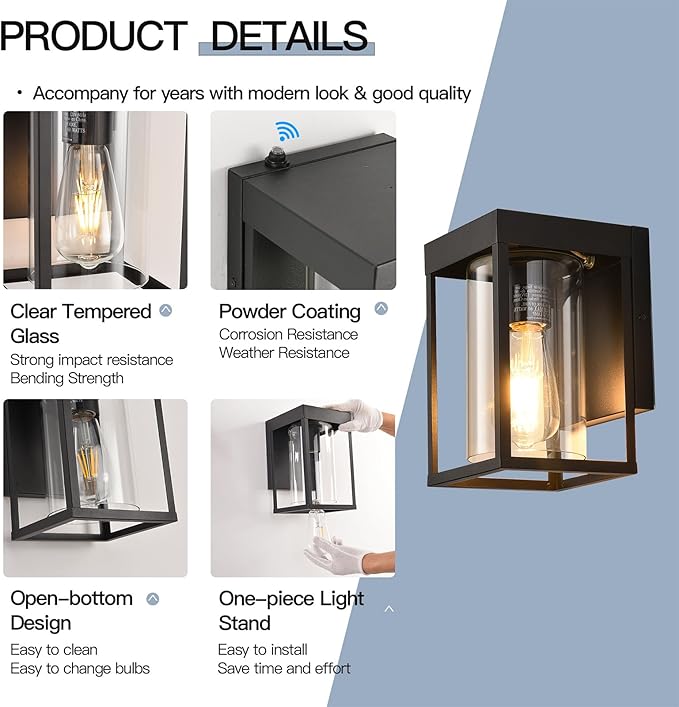 Outdoor Wall Lantern, Dusk to Dawn Outdoor Wall Sconce, 2-Pack Exterior Wall Light, Black Front Porch Light with Clear Glass, Small Waterproof Exterior Light Fixture for House, Patio, Garage