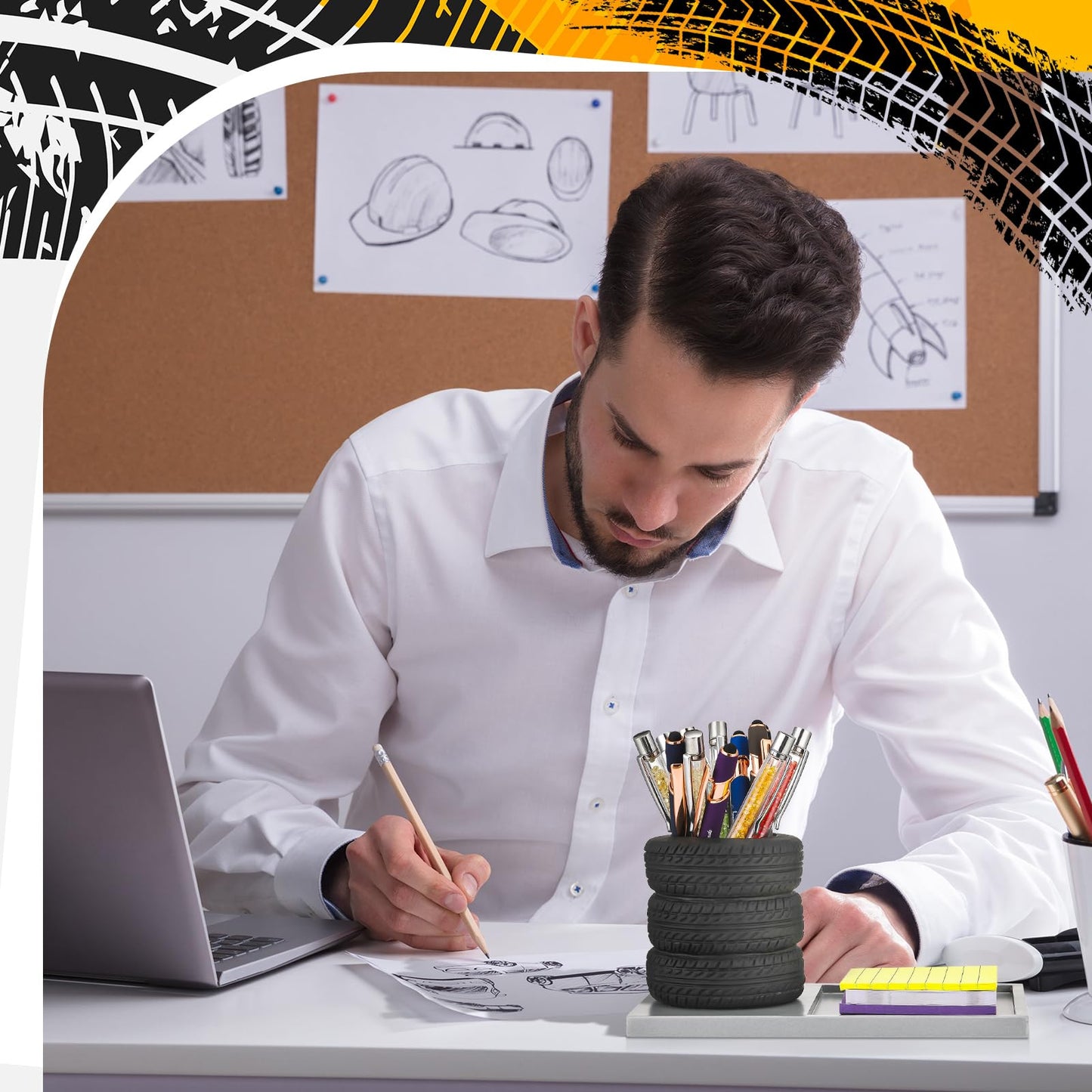 Fullhawl Tire Shaped Pen Holder with Sticky Notes Holder Set Tool Planter Pencil Storage Holder Desk Organizer Home Office Supplies Gift for Mechanics Car Lovers