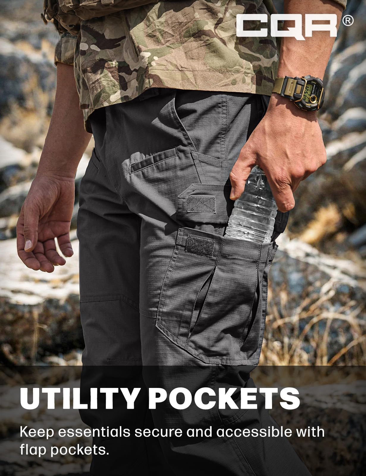 CQR Men's Tactical Pants, Water Resistant Ripstop Cargo Pants, Lightweight EDC Work Hiking Pants, Outdoor Apparel, Raider Charcoal, 38W x 34L