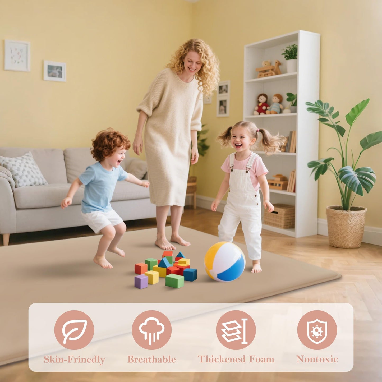 PapaMama 1.3" Thick Plush Baby Crawling Mat, 50x50 Playpen Mat, Ultra Soft Foam Play Mats for Baby, Water-Repellent Coral Velvet for Tummy Time, Nursery Rug with Non-Slip Backing, Non Toxic Suitable Toddlers（Beige）