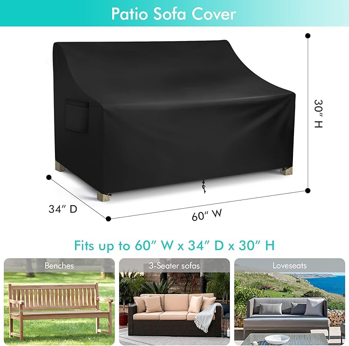 WLEAFJ Patio Sofa Cover Waterproof, 2-Seater Patio Loveseat Cover, Heavy Duty Outdoor Couch Cover, Outdoor Furniture Covers with Air Vent, 60’’ W x 34’’ D x 30’’ H