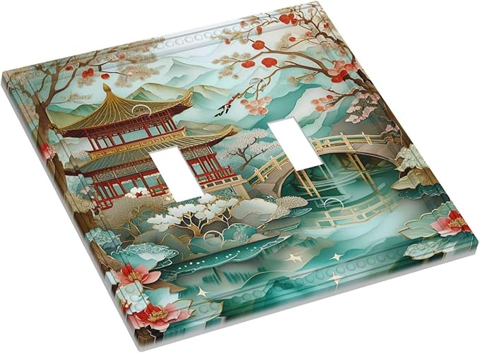 Asian Palace Traditional Bridge Cherry Blossoms Light Switch Covers Double Toggle 2 Gang Wall Plate Dual Decorative Switchplate Electrical Faceplate for Farmhouse Decor