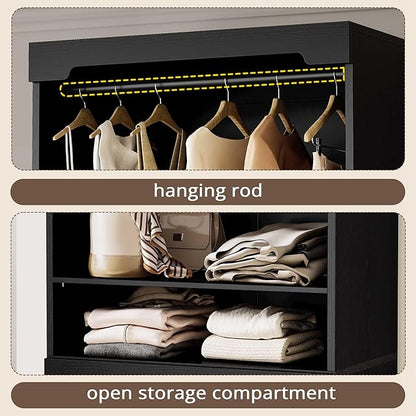 IRONCK Freestanding Closet System with 3 Wood Drawers, Modern Armoire Wardrobe with Adjustable Shelves & Hanging Rod, Walk-in Closet Systems Organizer for Small Closet, Black