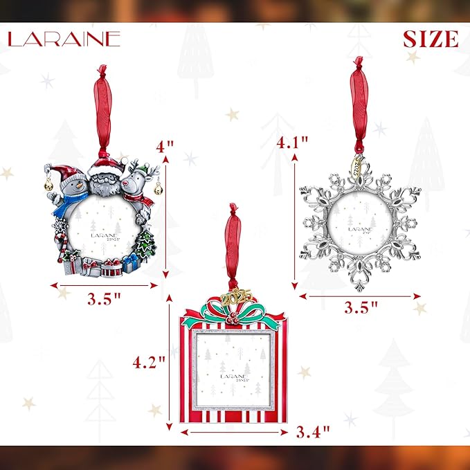 Laraine Christmas Tree Ornaments – 3-Piece Decorative Hanging 2025 Holiday Keepsake Gift Pendant with 2” Photo Frame Insert for Picture of Pet (3-Piece Gift Set (2025))