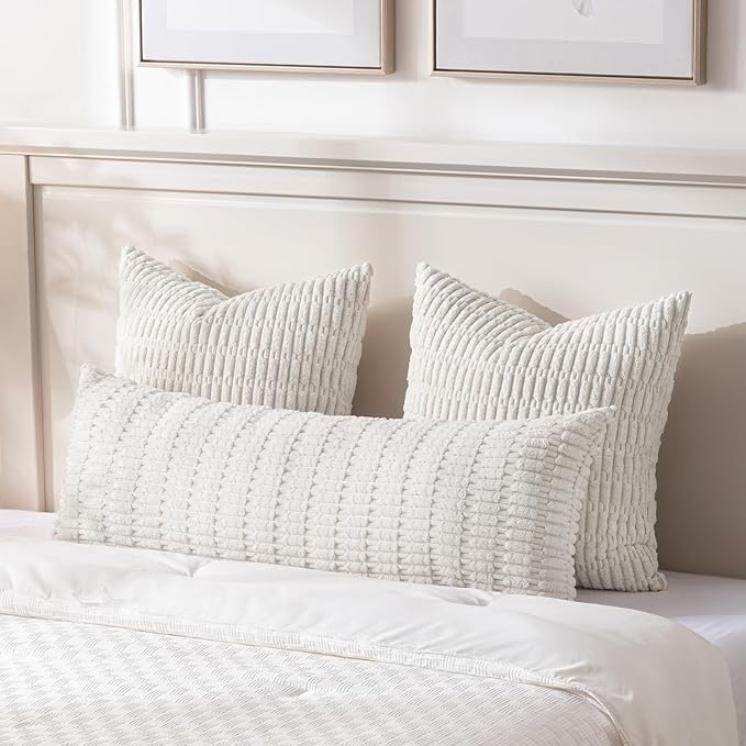 Fancy Homi Cream Boho Long Body Lumbar Decorative Throw Pillow Cover 14x36 Inch for Bed Couch Bedroom Bench, Soft Corduroy Rectangle Solid Pillow Case 35x91 cm, Rustic Farmhouse Room Decor