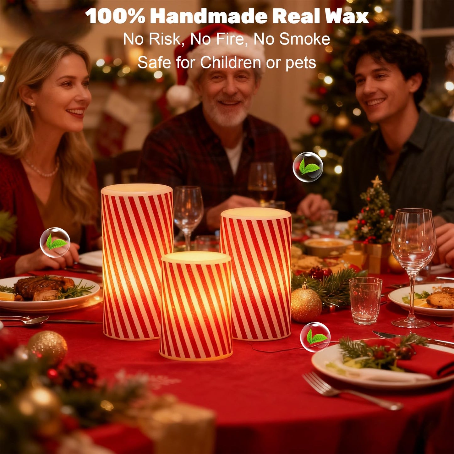 Wondise Christmas Red Stripes Glitter Flickering Flameless Candles with 6H Timer, Battery Operated Pillar Candles, Real Wax LED Candles for Home Christmas Decoration Gift(D3 x H4 x5 x6)