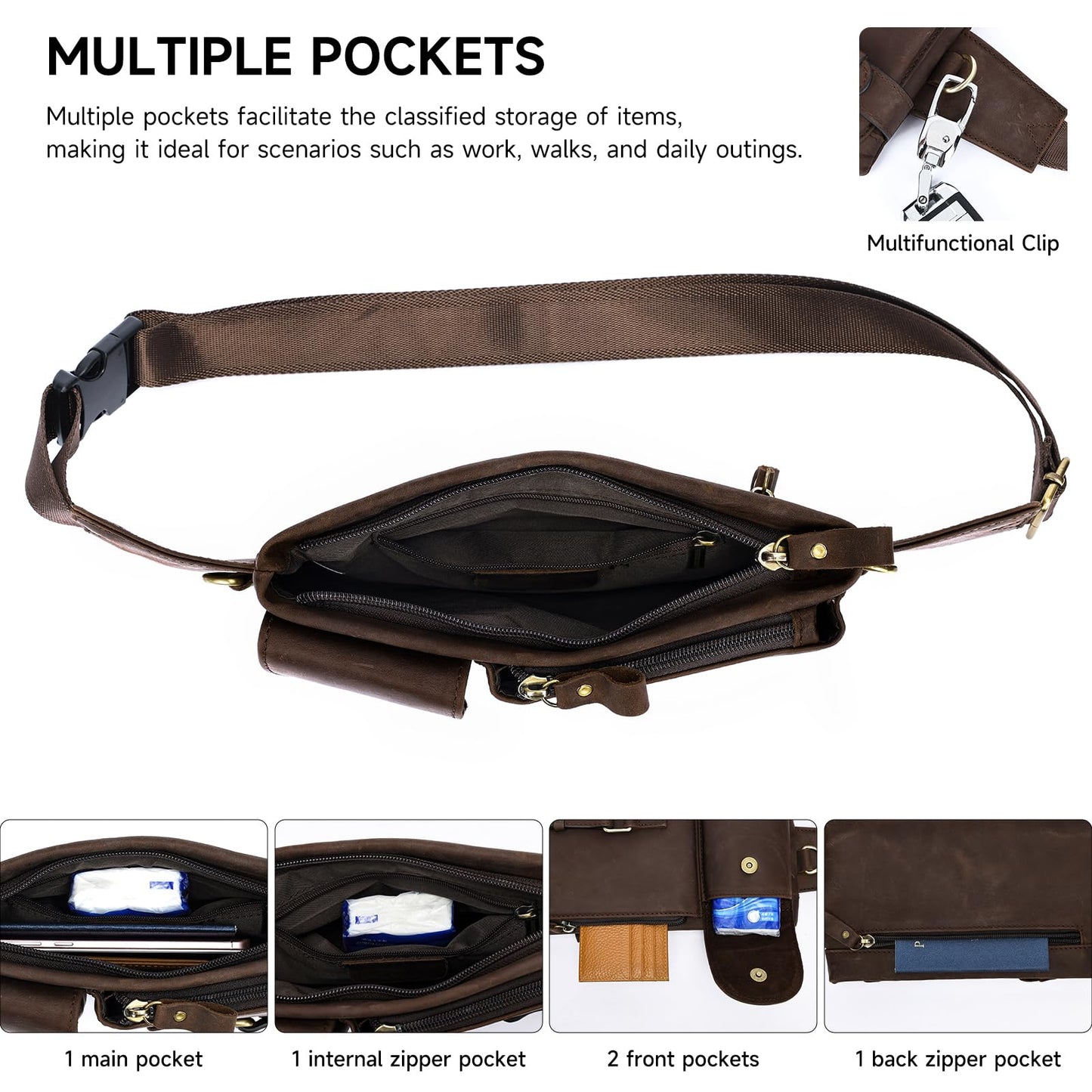 NIUCUNZH Genuine Leather Fanny Pack for Men Small Belt Bag Women Slim Waist Purses Sling Crossbody Bags for Running Hiking Travel