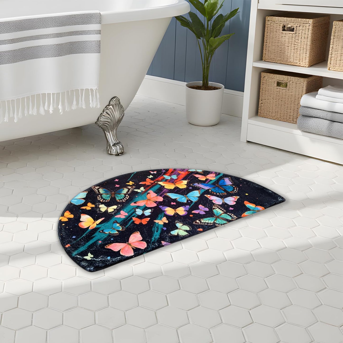 Goth Half Round Butterfly Bathrug Doormat Moth Outdoor Rug Non-Slip Bath Rugs Semi Circle Flower Bathroom Door Mat Cool Gothic Mats Decor Floral Style Bathmats (Fluttering)