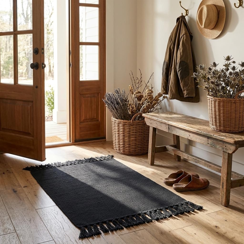 Seavish Black Kitchen Rug, 2x3 Cotton Hand Woven Recycled Throw Rug Runner Braided Entryway Floor Mat for Laundry Room Bathroom Bedroom Dorm