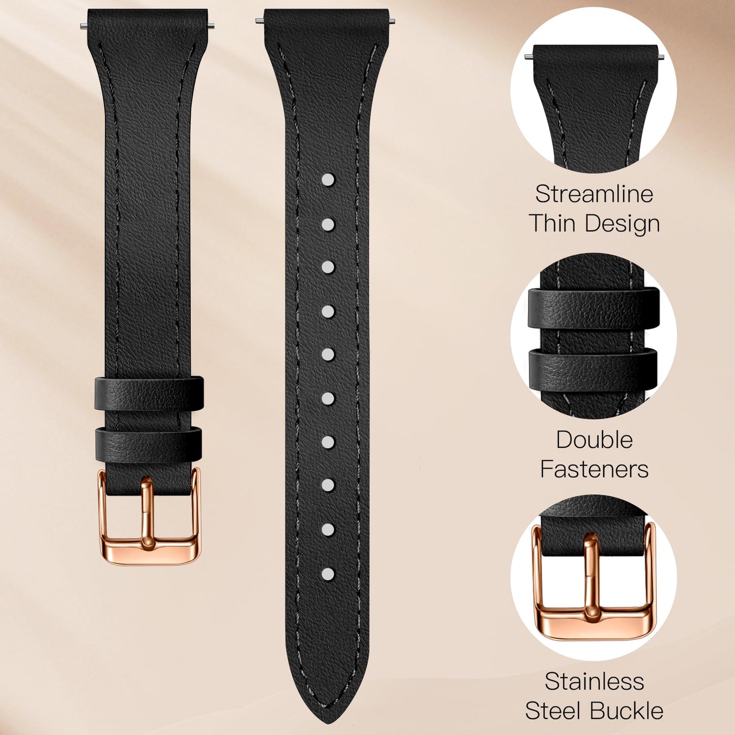 JR.DM 2 Pack Slim Leather Bands Women Compatible with Samsung Galaxy Watch 7/6/5/4/Active 2/4 Classic/6 Classic/5 Pro/FE 40mm 42mm 43mm 44mm 45mm 46mm 47mm, Top Leather Soft Watch Thin Straps，20mm