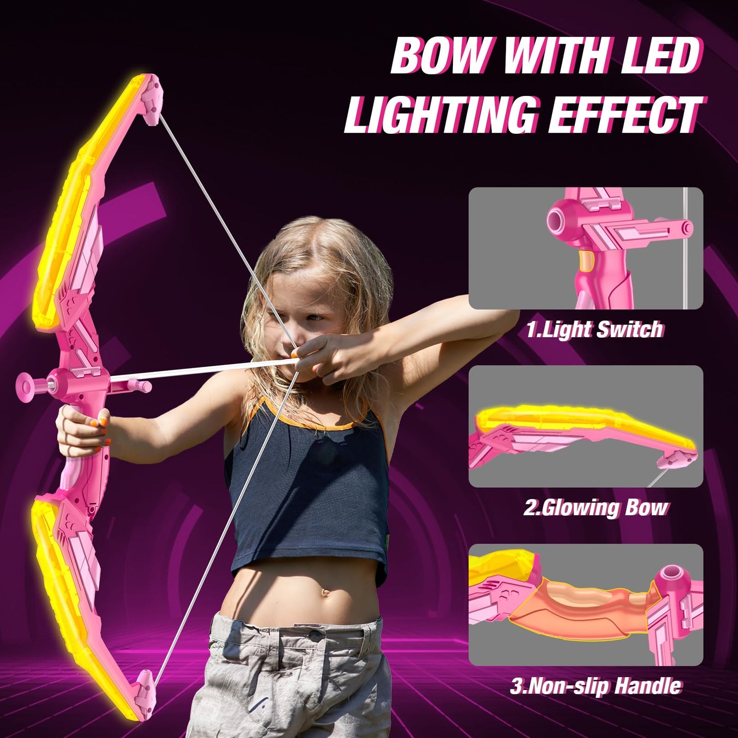HYES 2 Pack Bow and Arrow for Kids, LED Light Up Archery Set with 24 Suction Cup Arrows, 2 Hanging Targets, 6 Score Targets & 2 Quiver, Indoor Outdoor Sport Toys for Girls Ages 4-12