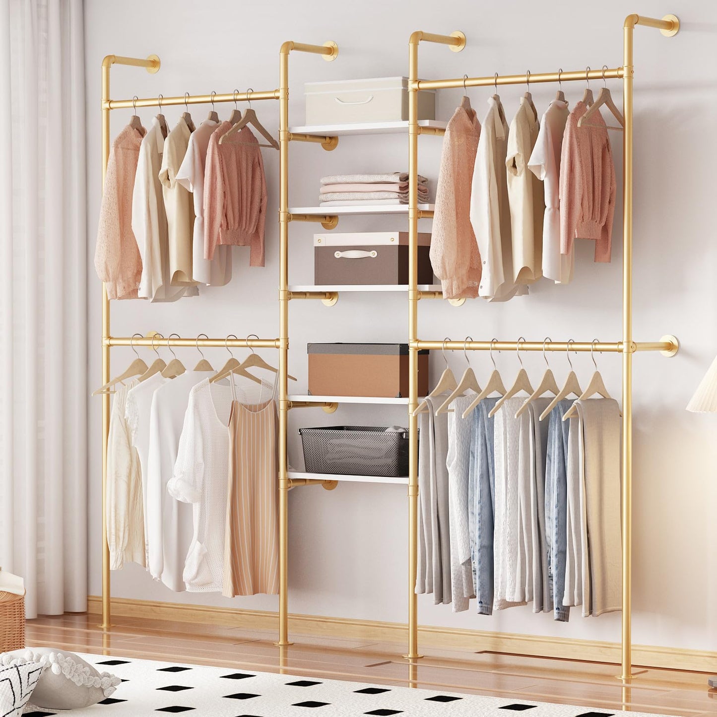 WTPLWD Industrial Pipe Clothing Racks with 5 Shelves, Wall Mounted Gold Clothes Rack for Hanging Clothes, Gold Wall Clothing Rack, Heavy Duty Clothes Rack for Walk in Closet, Laundry Room