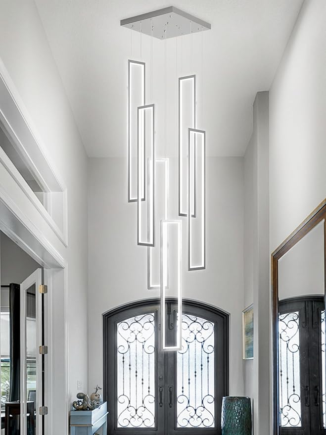 Flashing God Modern Chandelier,6 Ring Led Foyer Chandeliers,Larger High Ceiling Chandelier for Living Room,Rectangle Chandeliers for Entryway Staircase LED Dimming 2700k-6000k