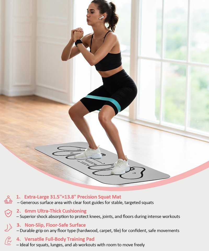 Squat Mat with Foot Position,Large Non-Slip Squat Target Pad， Pad 31.5'' X13.8'',6mm Thickness Squat Mat Foot Positioning, Exercise Mat for Squats, Leg and Abdominal Workouts