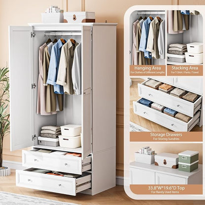 VINGLI Wooden Armoire Wardrobe Closet, 72" H Wardrobe Cabinet Closet, Freestanding Clothing Storage Cabinet, Wooden White Bedroom Armoire, Combination for Hanging Clothes