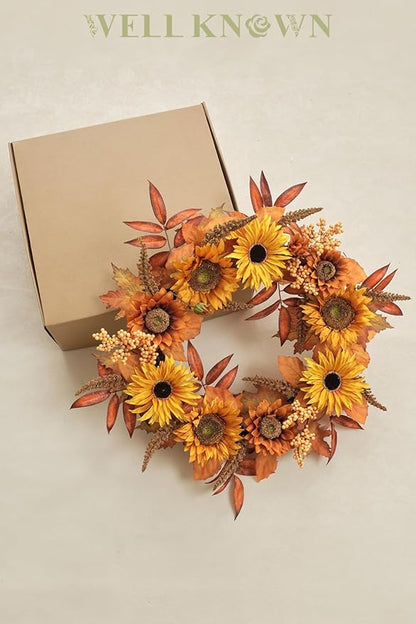 WELL KNOWN 21 Inch Burnt Orange Sunflower Wreaths for Front Door, Summer and Fall Door Wreath, Handmade Silk Sunflower Decor for Home Party Festival Wedding Decor
