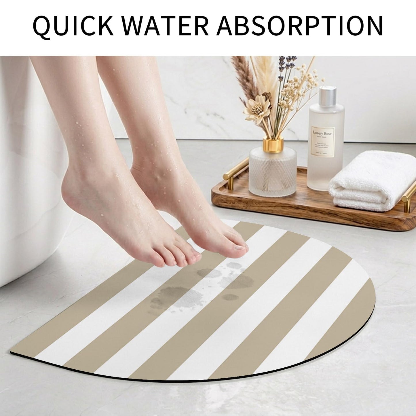 Half Circle Bath Mat Classical Stripe Semicircular Doormat Soft Non Slip Absorbent Quick Dry Diatomite Stone Area Rugs Khaki Drying Shower Mat for Bathroom Floor Bathtub Entryway Porch Kitchen 18"x30"