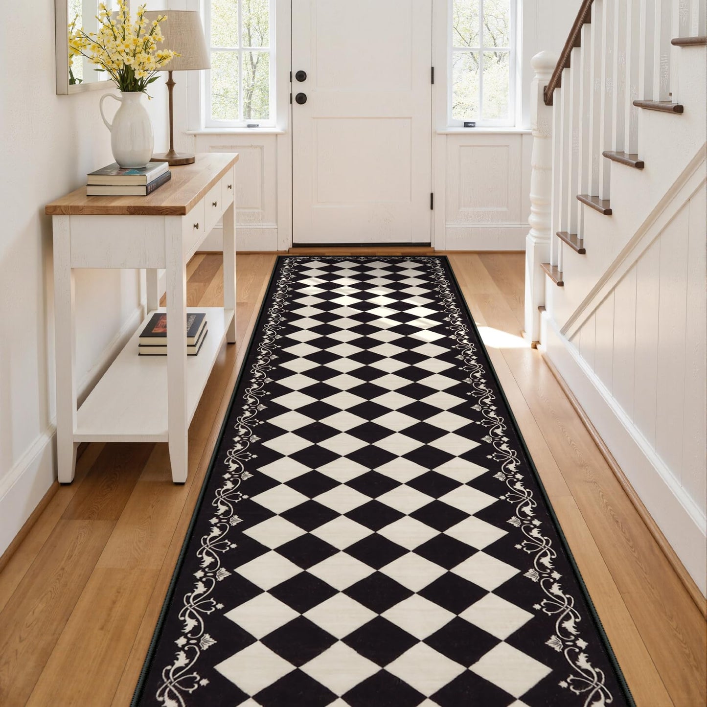 Zealude Moroccan Trellis Black and White Runner Rug 2.5x8 Washable Carpet Runners for Hallway 8ft, Soft Low Pile Checkered Bathroom Rug Gingham Print Kitchen Mordern Plaid Carpet for Bedsides Laundry