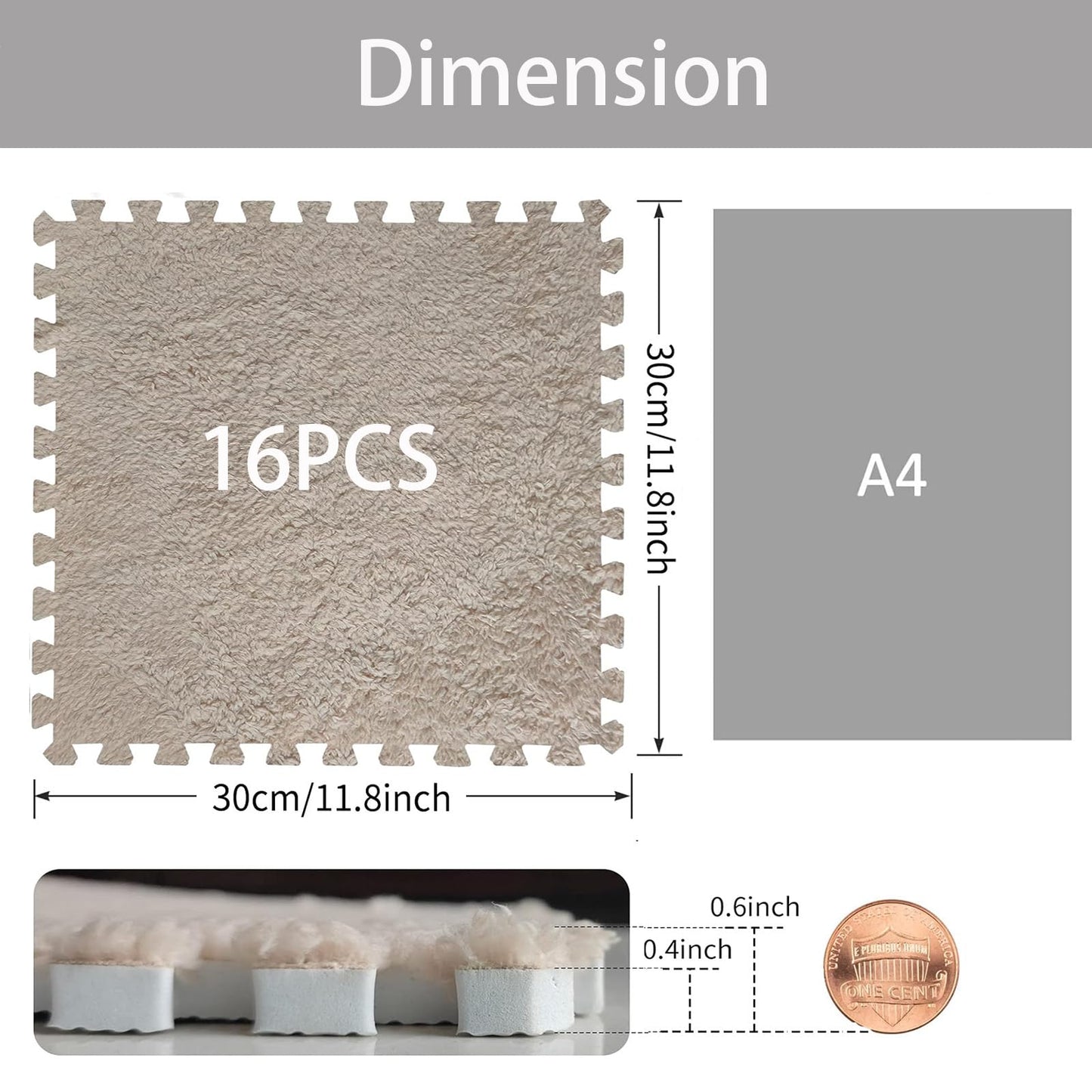 Jaderlu 16pcs 0.6" Thickened Interlocking Tile Mats,Fluffy Shaggy Soft EVA Foam Area Rug for Living Room & Bedroom,Non-Slip Protective Floor Carpet Play Mat Kids Baby Dorm Home Decor (11.8ft, Khaki)
