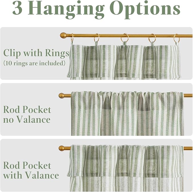 jinchan Striped Linen Kitchen Curtains with Attached Valance 36 Inch Length Cafe Tier Curtains for Living Room Rustic Half Window Light Filtering Rod Pocket Small Drapes 2 Panels Green