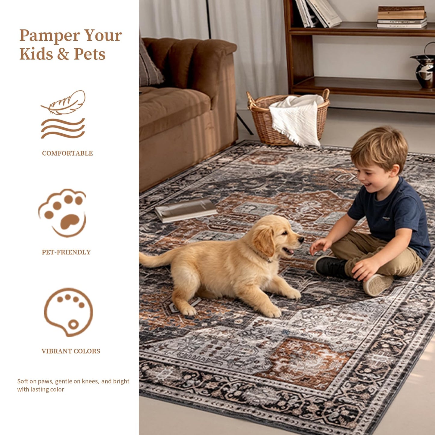 PURE ROMIE 8'x10' Tan/Blue Black Persian Style Medallion Faux Wool Living Room Rug, Non-Slip Washable Extra Large Area Rugs for Dining Room, Bedroom, Low Pile Distressed Print Carpet (Tan/Blue Black)