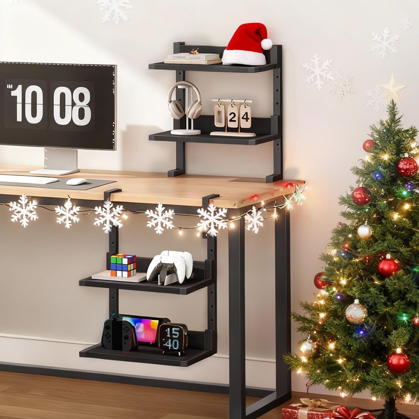 HOOBRO Clamp On Desk Shelf, 2-Tier Desktop Organizer, Space-Saving Desk Shelf with Adjustable Shelves, for Office, Study, Entertainment Accessories, Black BK32SJ01