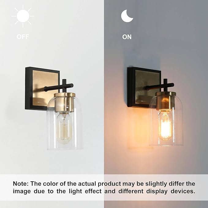 KSANA Black & Gold Wall Sconces, Electroplate Brass Sconce Wall Lighting, Modern 1-Light Bathroom Light Fixtures with Clear Glass Shade for Stairway, Living Room and Kitchen