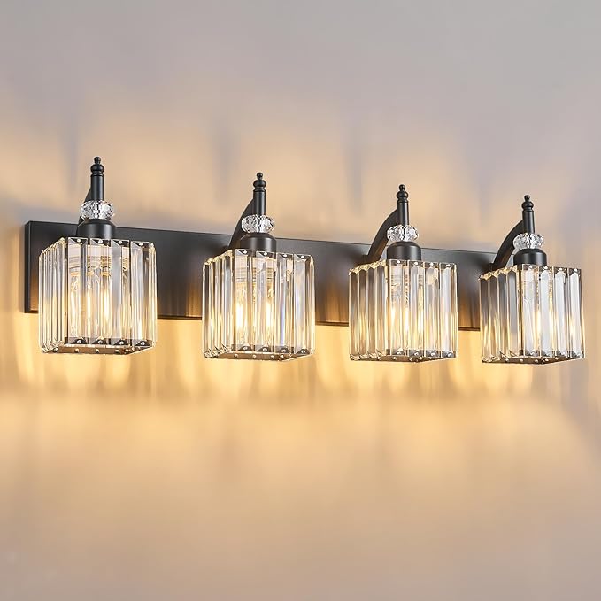 Crystal Vanity Lights - Black 4 Light Modern Bathroom Vanity Light Fixtures Over Mirror