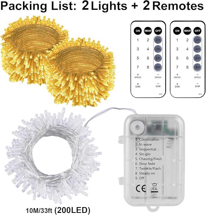 2 Pack 33Ft 200 LED String Light Battery Powered, Outdoor Waterproof Warm White String Lights with Remote, Dimmable Twinkle Lights for Bedroom Wedding Party Classroom Tree Christmas Decoration