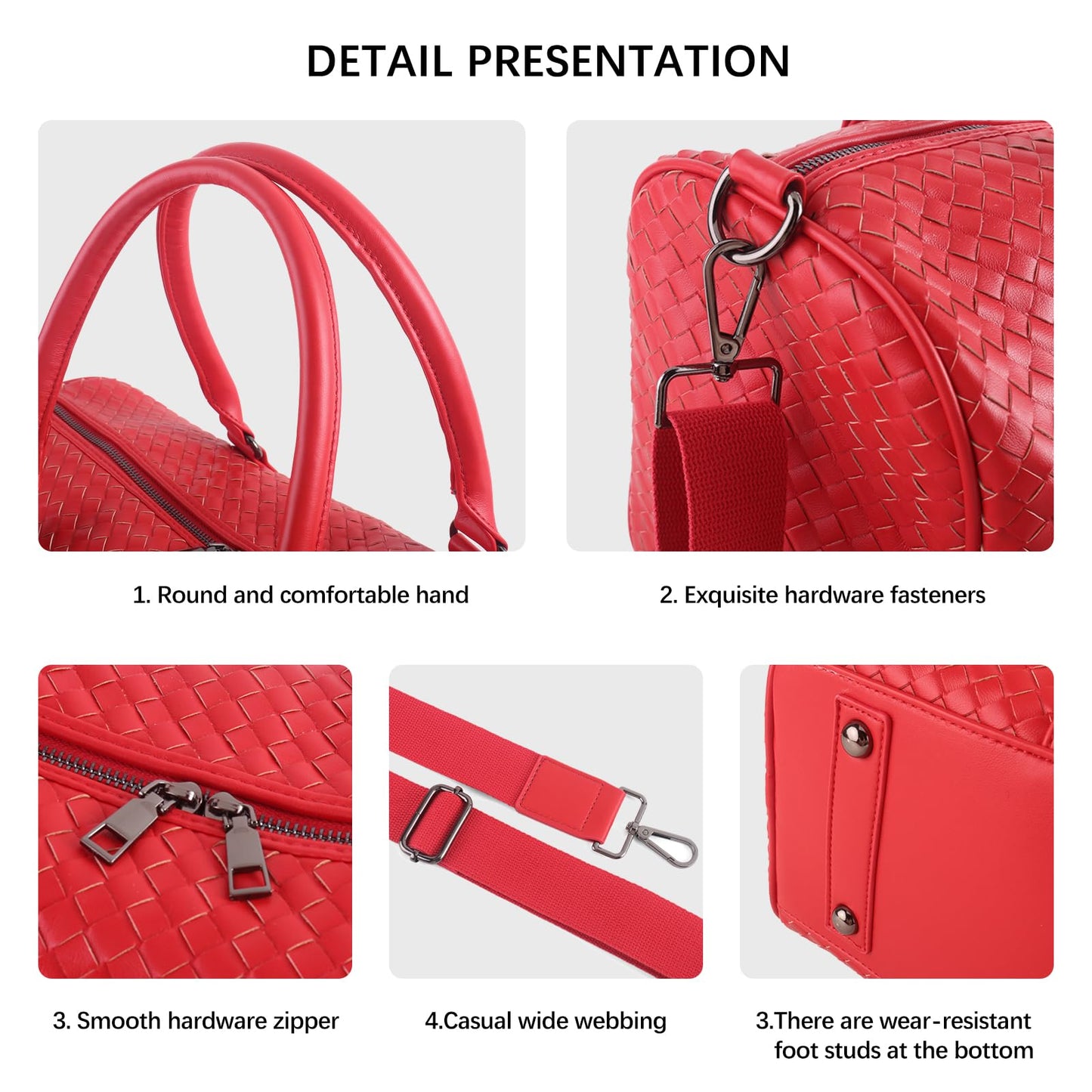 Weekender Bags for Women Designer Duffle Bag for Men, Woven Leather Carry On Travel Bag with Wet Compartment Large Capacity Water-resistant Gym Tote (Red)