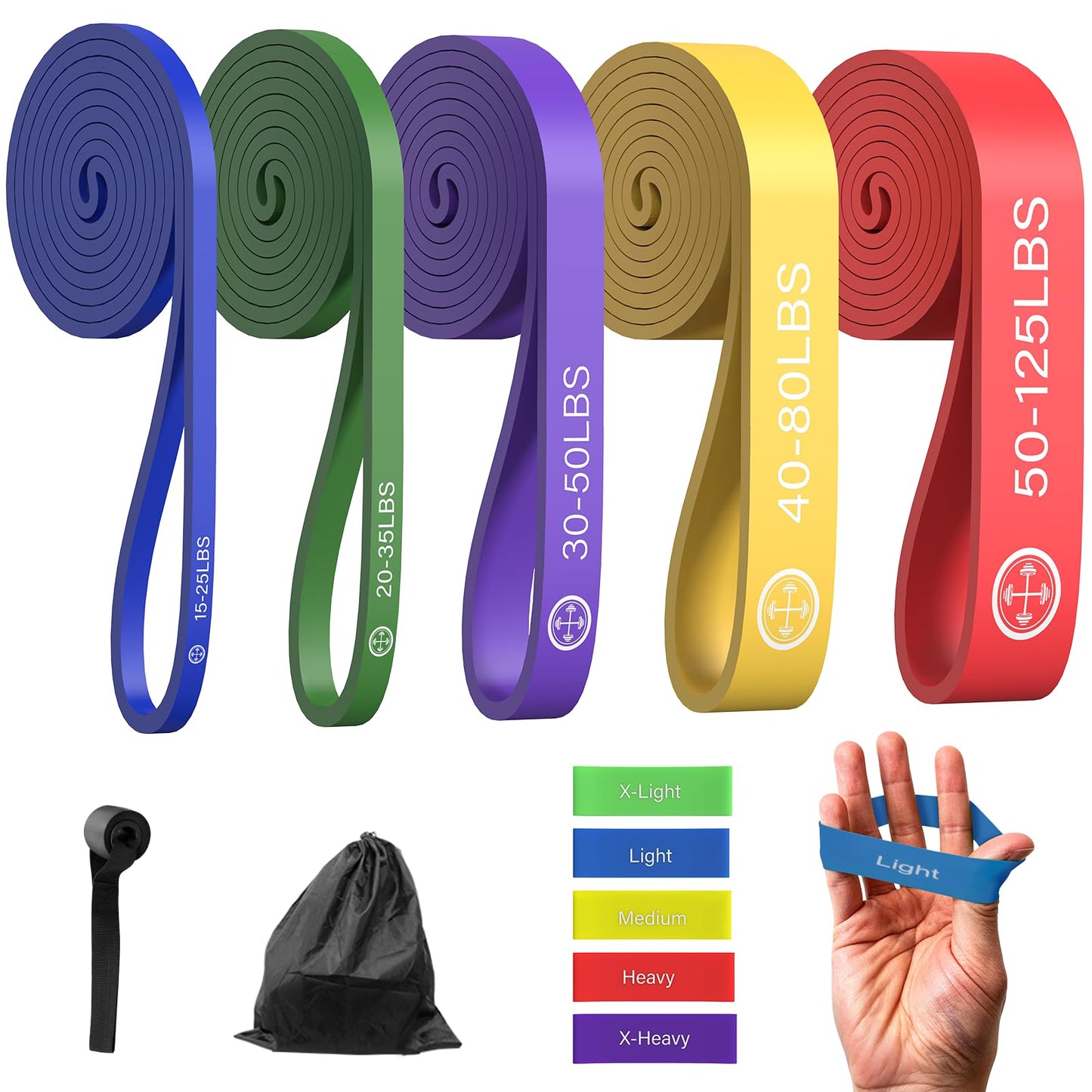 Exercise Bands，Set of 6 Resistance Bands for Working Out,Pull Up Bands Set,at Home Workout Equipment,Instruction Guide and Carry Bag Included (5set（Blue+Green+Purple+Yellow+red+Finger Exercisers）)