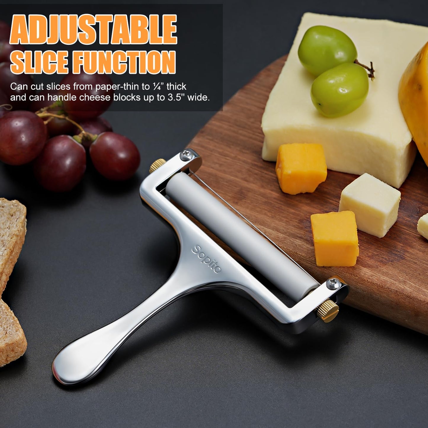 Sopito Stainless Steel Wire Cheese Slicer With 3 Extra Wires Adjustable Thickness, Handheld Cheese Block Cutter for Cheddar, Gruyere, Raclette, Mozzarella