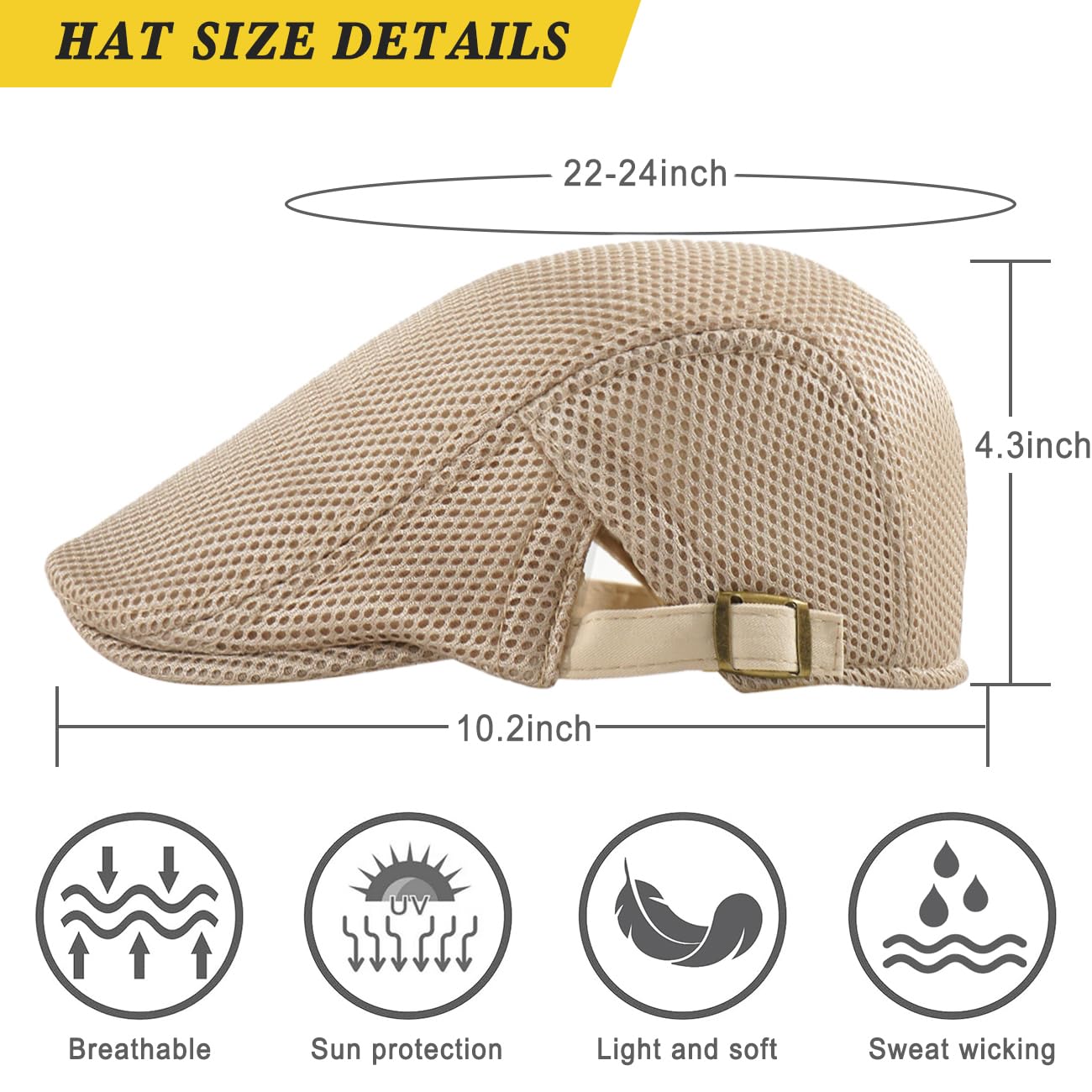 Xinveen Men's Mesh Cap Breathable Summer Newsboy Hat Adjustable Beret Ivy Cap Irish Cabbie Driving Hunting Hats