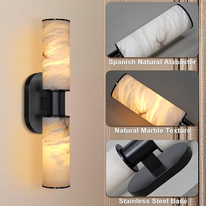22.2" Alabaster Wall Sconce Set of 2, Black Bathroom Wall Sconce, Spanish Natural Marble Sconces Modern Wall Lights Lamps for Bedroom Living Room Stairs Indoor Hallway Vanity, Black
