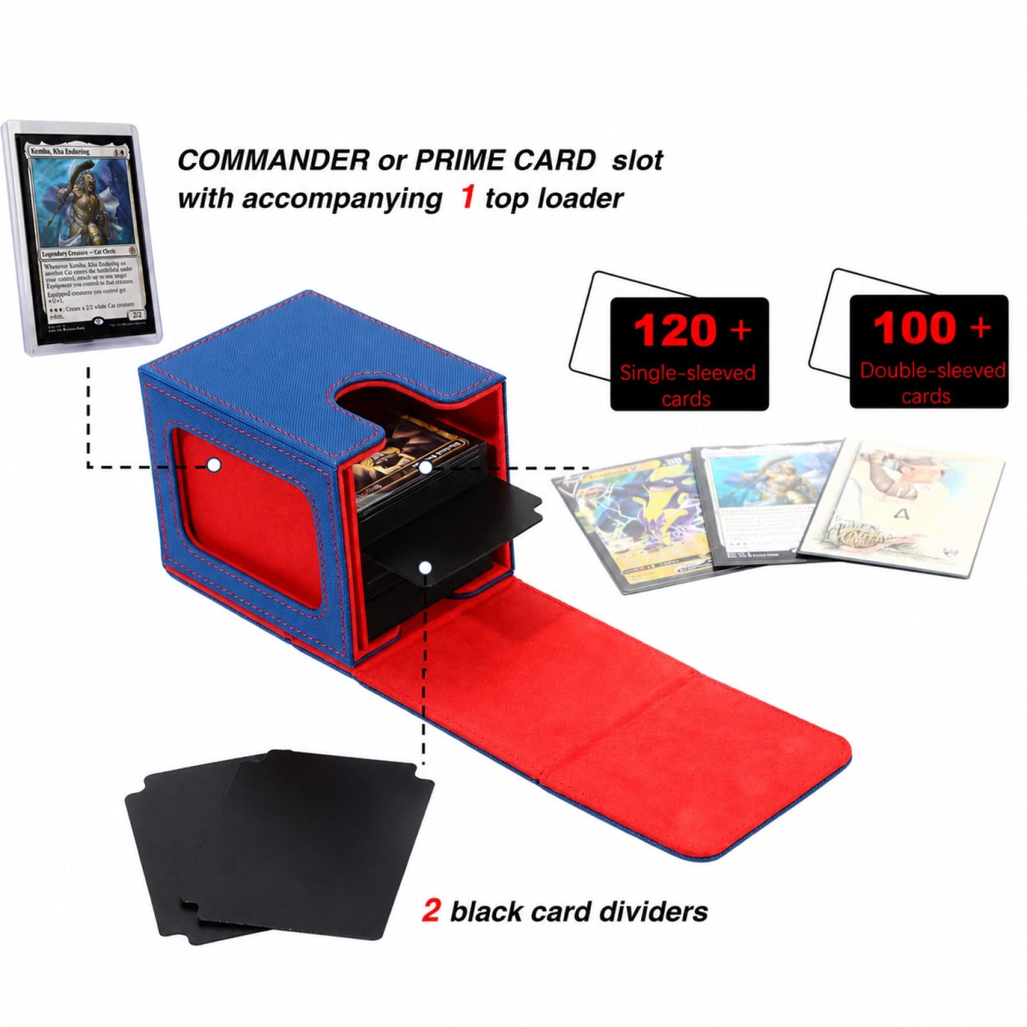 Venssu MTG Deck Box for Commander Display,Card Deck Boxes Fits 100 Double Sleeved Cards, TCG Card Storage Box (Blue and Red, 1 window)