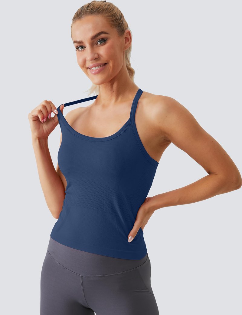 MathCat Workout Tank Tops for Women with Built in Bra, Sleeveless Gym Tops Seamless Racerback Athletic Yoga Shirts Navy