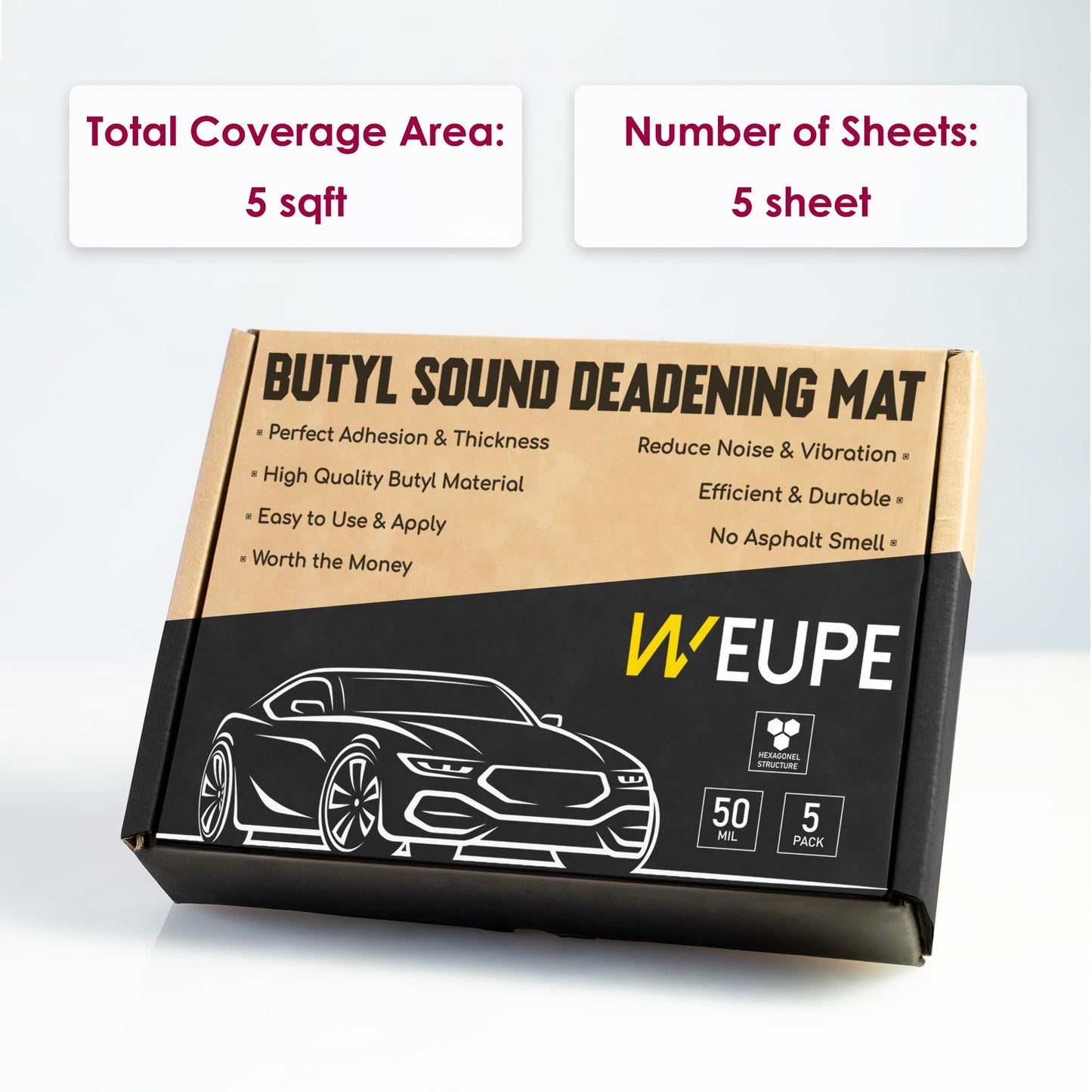 WEUPE Sound Deadening Mat for Cars, 50 mil 5 sqft, Butyl Automotive Sound Deadener, Noise Insulation Dampening Material for Car Trunk, Speaker, Door, Floor and Ceiling, Black