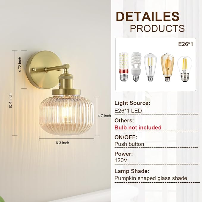 Vintage Wall Sconces with Amber Pumpkin Glass Lampshade, Indoor Bathroom Wall Sconce, Modern Gold Industrial Lighting Fixture for Mirror Living Room Hallway 2 Pack
