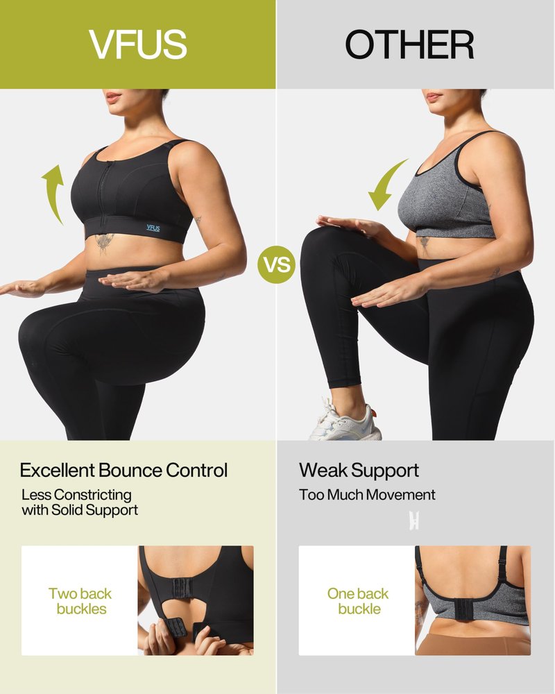 VFUS Adjustable High Impact Sports Bras for Women Zip Front Full Coverage and Lift Padded Compression Tops (XX-Large, Black)