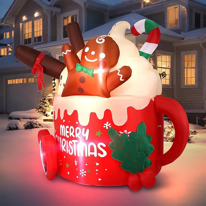 6.5 FT Christmas Inflatables Outdoor Decorations, Gingerbread Christmas Inflatable Hot Cocoa Mug with Built-in LEDs Blow Up Christmas Decoration for Garden Lawn Yard Patio Xmas Inflatable