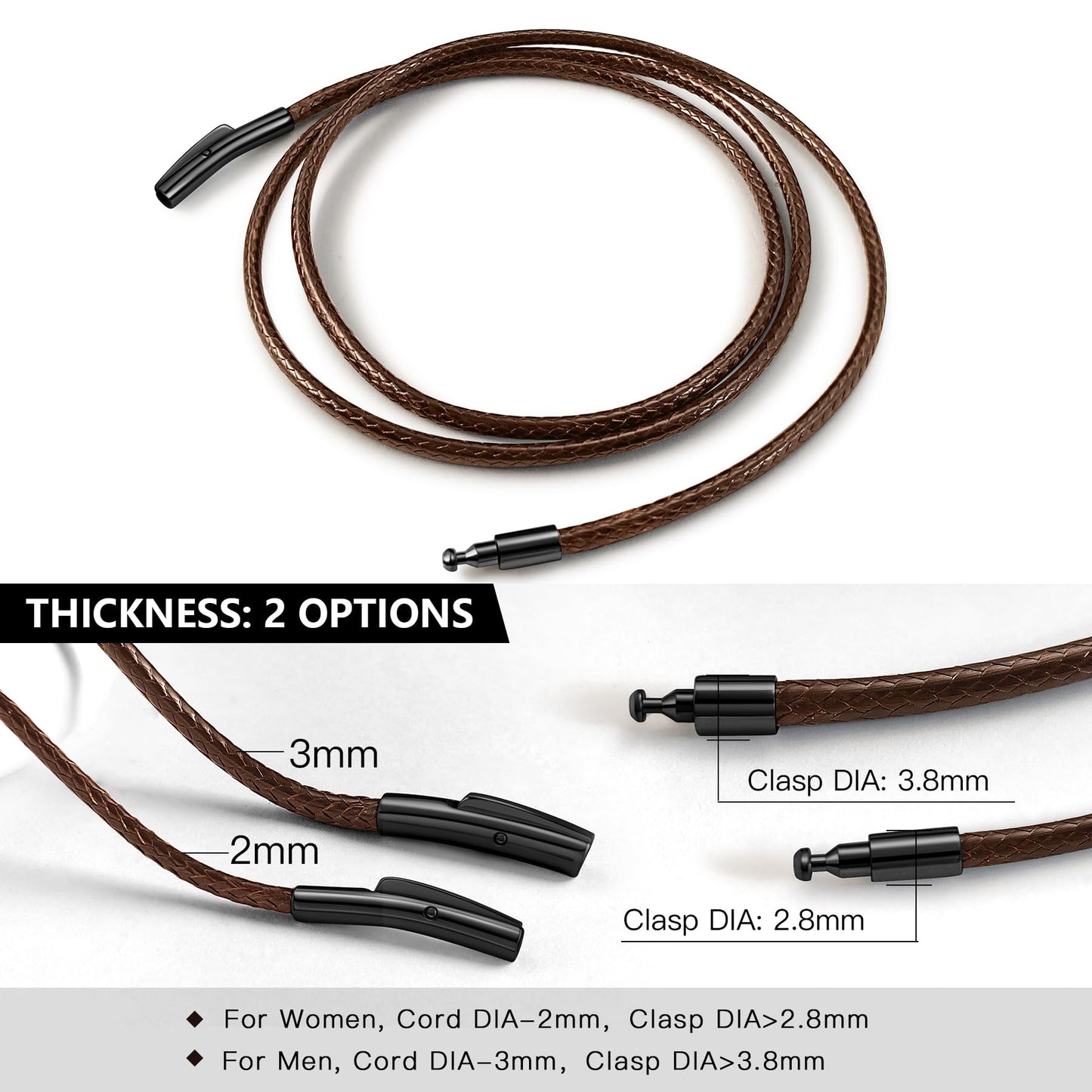 Oaldilee Leather Necklace Cord, 22 Inch Brown 2MM Wax String Rope Chains for Men Women Waterproof Neck Chain