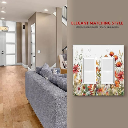 Watercolor Wild Flower Floral Double Rocker Light Switch Cover 2 Gang Outlet Wall Plate Decorative GFCI Switchplate Electrical Faceplate for Nursery Bedroom Bathroom Decor